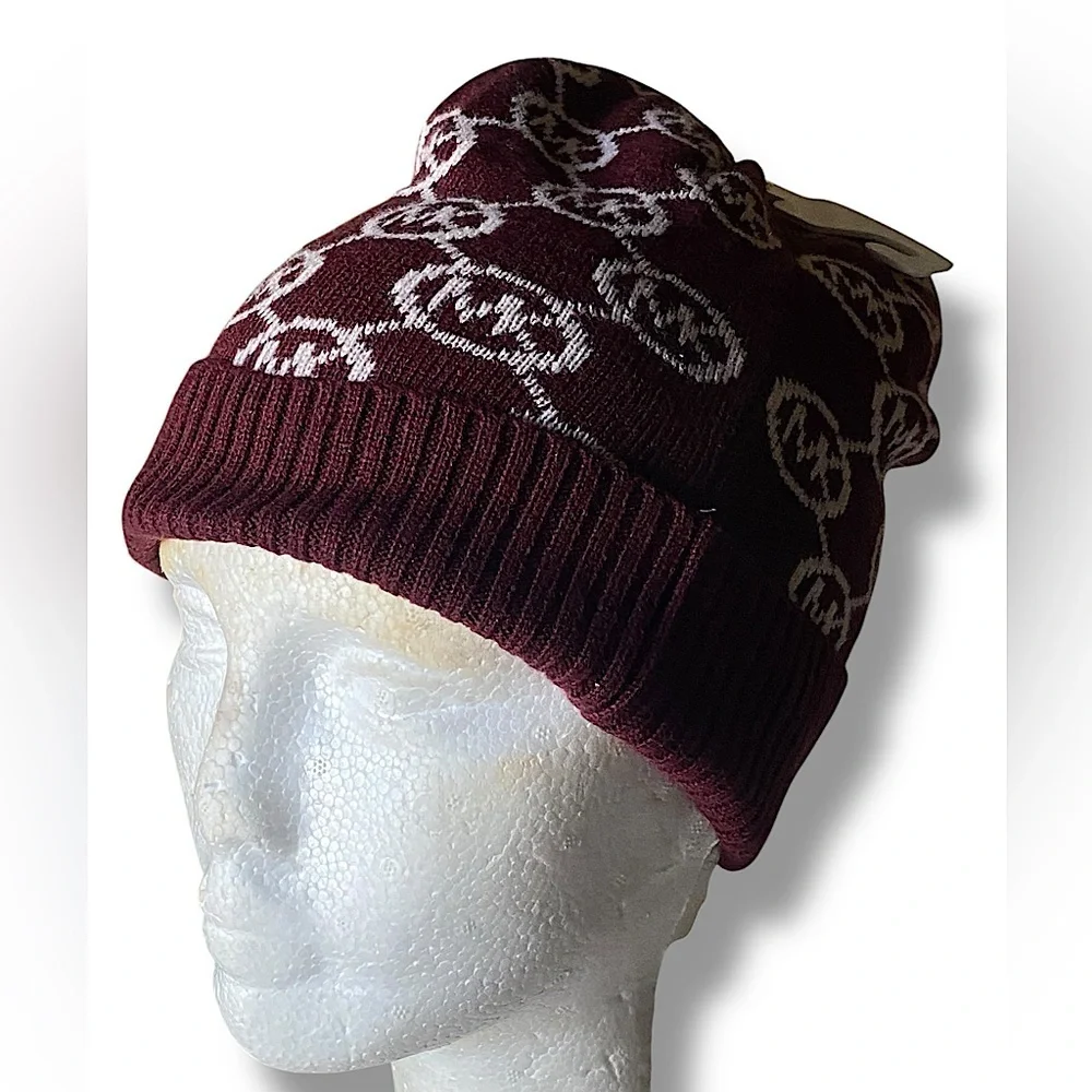 Michael Kors Rib Knit Beanie All-Over MK Print Burgundy White One Size NWT